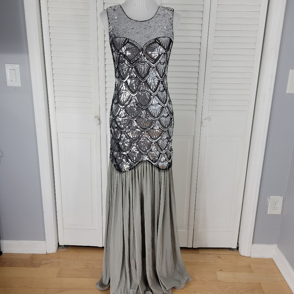 Women XS gatsby flapper mermaid sequin lace chiffon maxi gown show costume